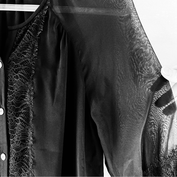 Diane Von Furstenberg Silk Blouse Lace Trim Sheer Sleeve Black Size 10 - Picture 6 of 11